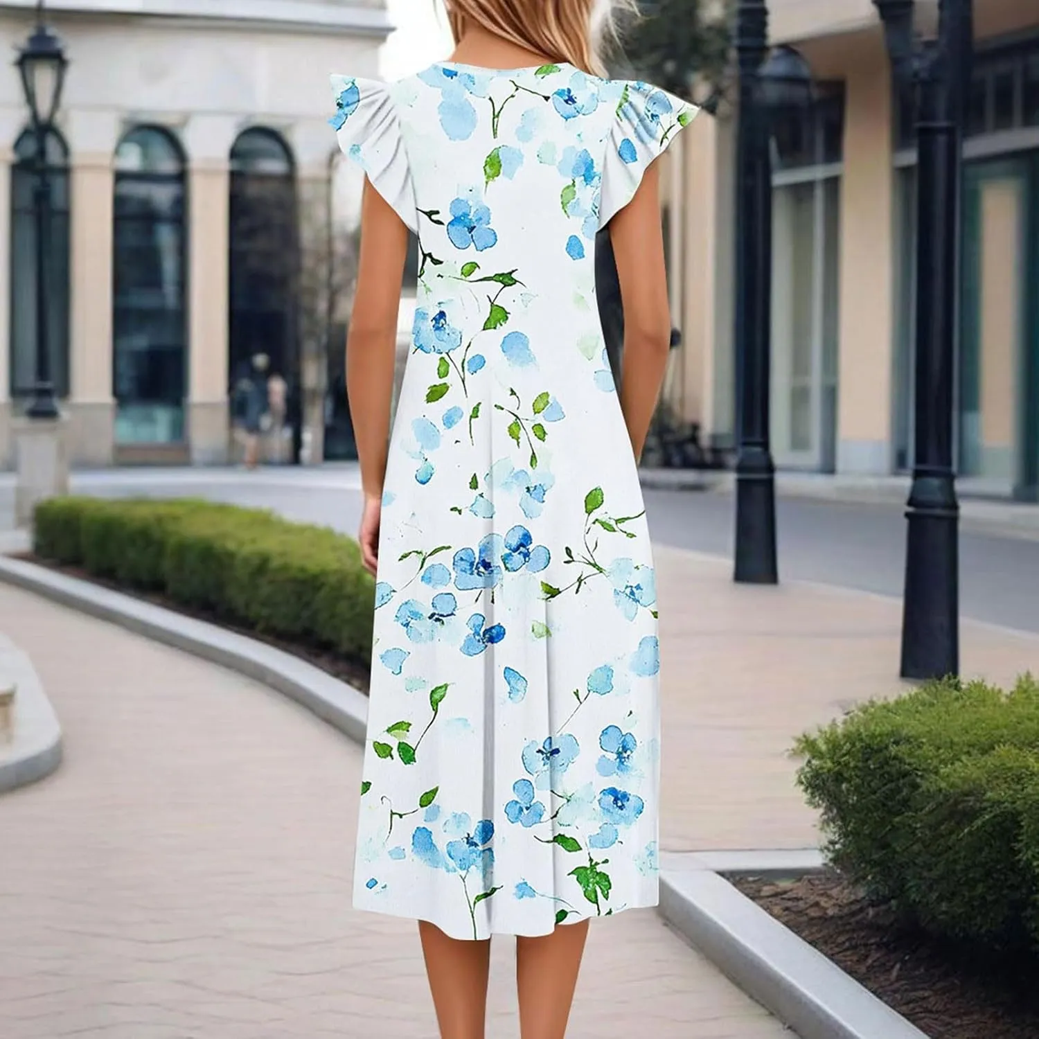 Women's Floral Midi Summer Dresses with Pockets, Flared Sleeve Round Neck Flowy Long Beach Beach Sundress