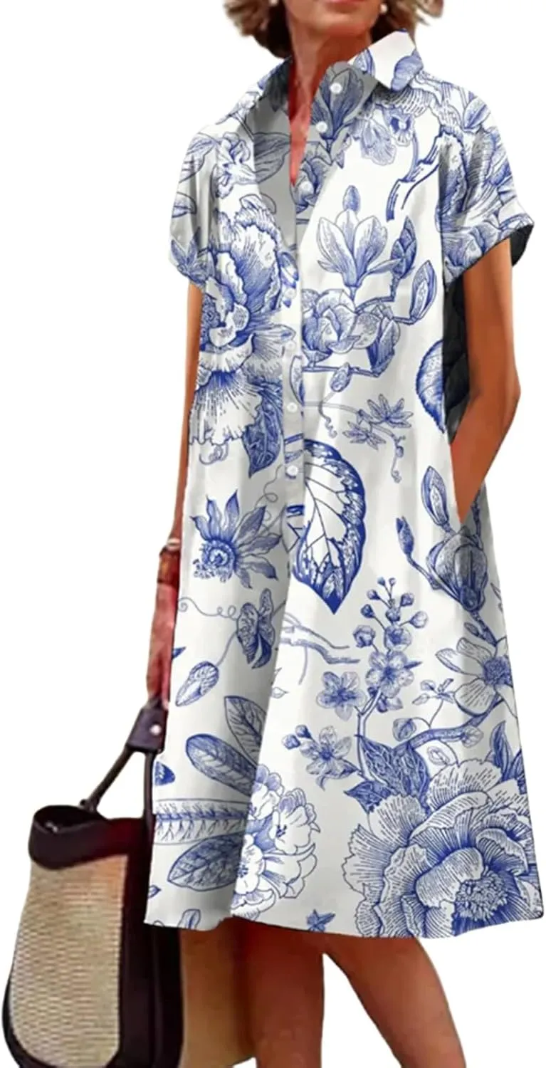 Women's Floral Shirt Mini Dress 2025 Summer Casual Loose Button Up Collared Short Sleeve Shift Dresses with Pockets
