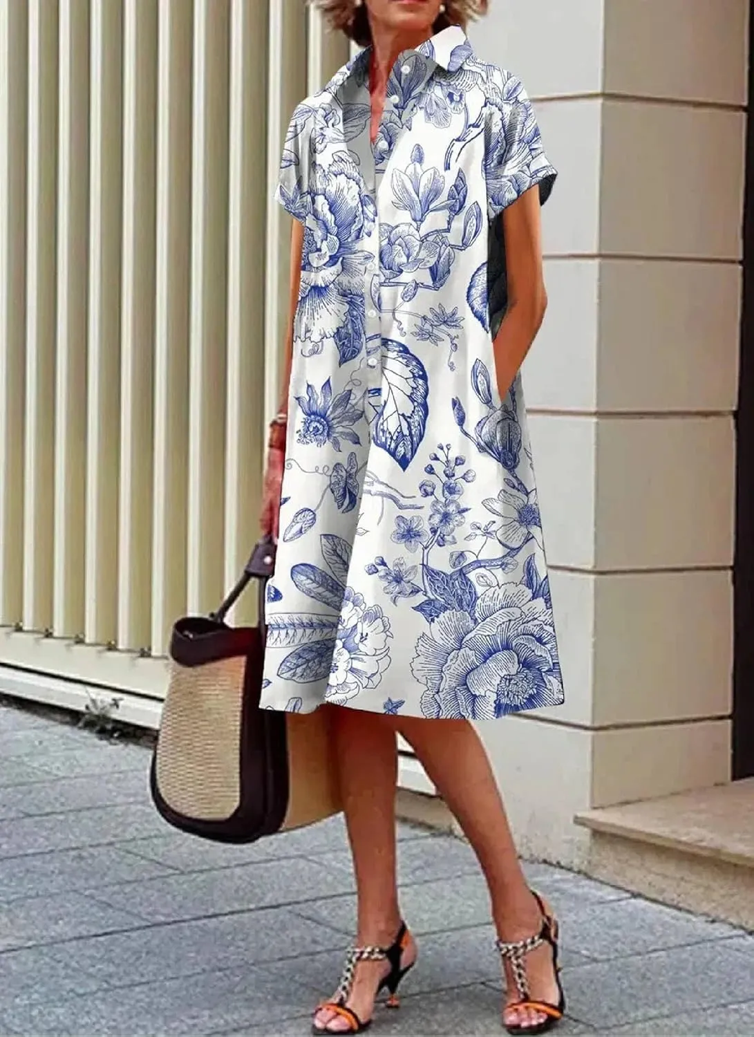 Women's Floral Shirt Mini Dress 2025 Summer Casual Loose Button Up Collared Short Sleeve Shift Dresses with Pockets