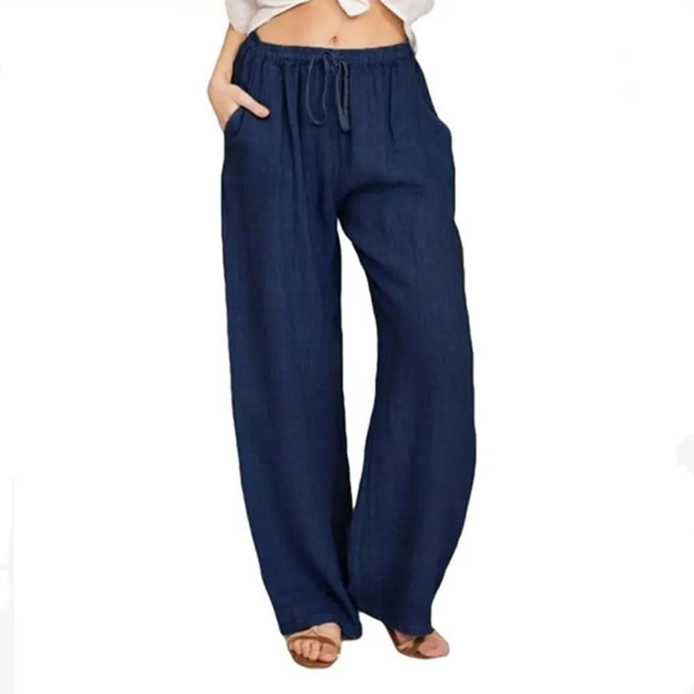 Women's Linen Summer Palazzo Pants Boho Wide Leg Drawstring High Rise Lightweight Jogger Sweatpants with Pockets