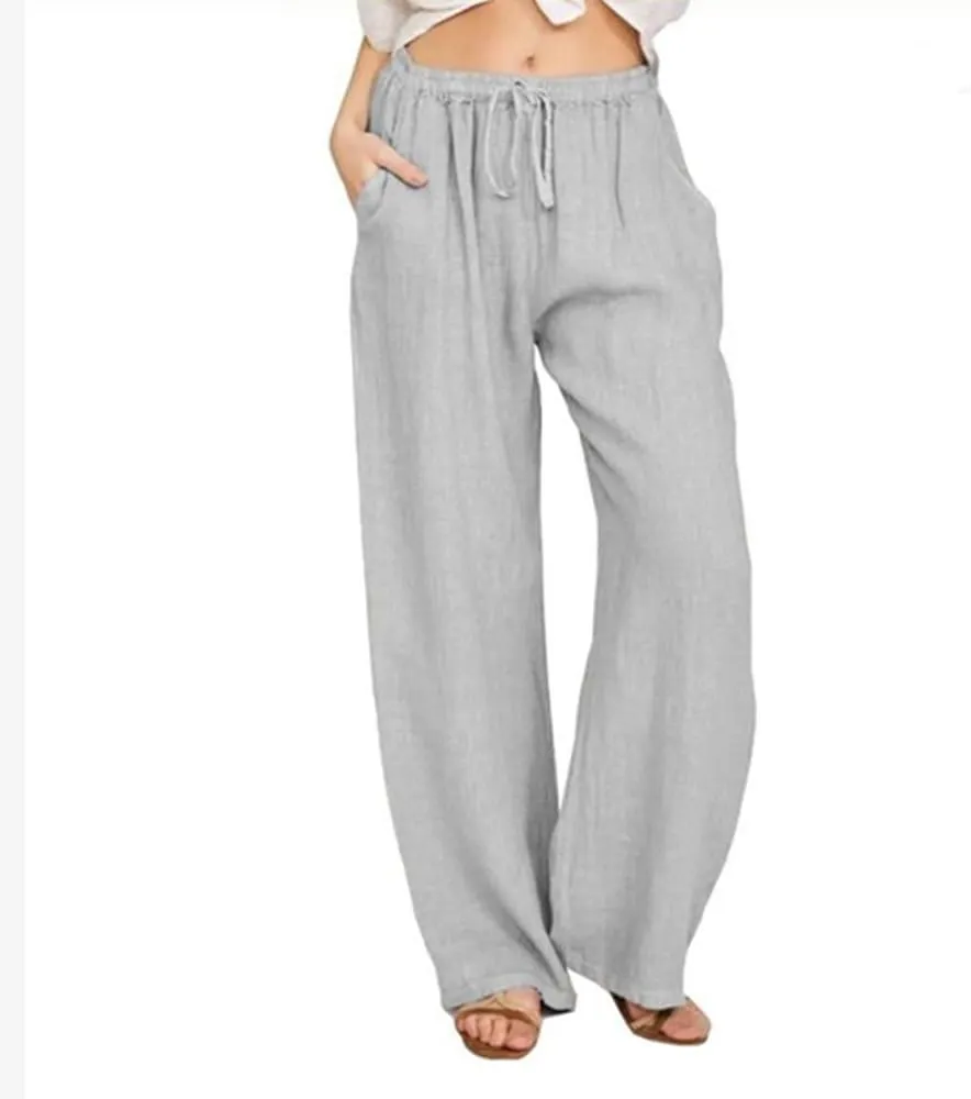 Women's Linen Summer Palazzo Pants Boho Wide Leg Drawstring High Rise Lightweight Jogger Sweatpants with Pockets