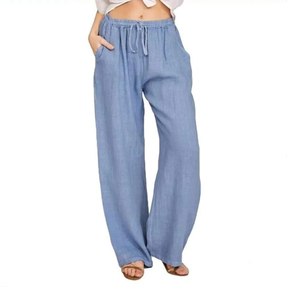 Women's Linen Summer Palazzo Pants Boho Wide Leg Drawstring High Rise Lightweight Jogger Sweatpants with Pockets