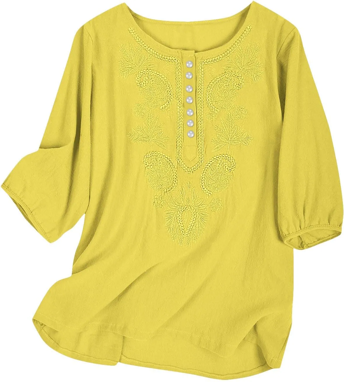 Women's Linen Tops 3/4 Sleeve T Shirts Summer Mexican Floral Embroidery Tunic Tops Casual Crewneck Blouse Oversized
