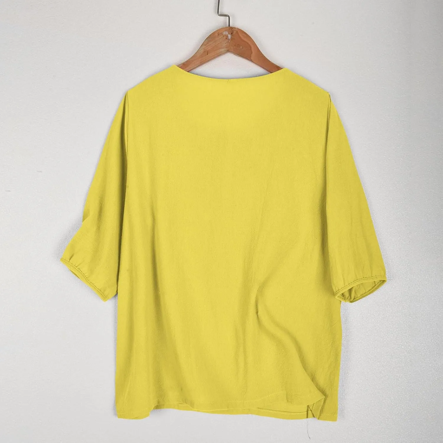 Women's Linen Tops 3/4 Sleeve T Shirts Summer Mexican Floral Embroidery Tunic Tops Casual Crewneck Blouse Oversized