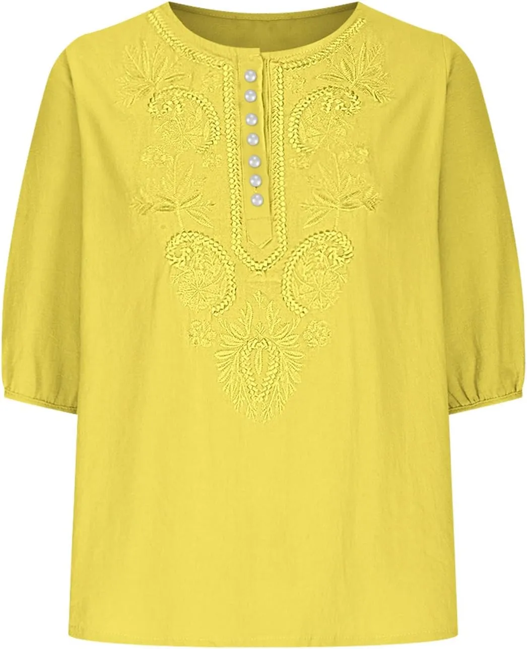 Women's Linen Tops 3/4 Sleeve T Shirts Summer Mexican Floral Embroidery Tunic Tops Casual Crewneck Blouse Oversized