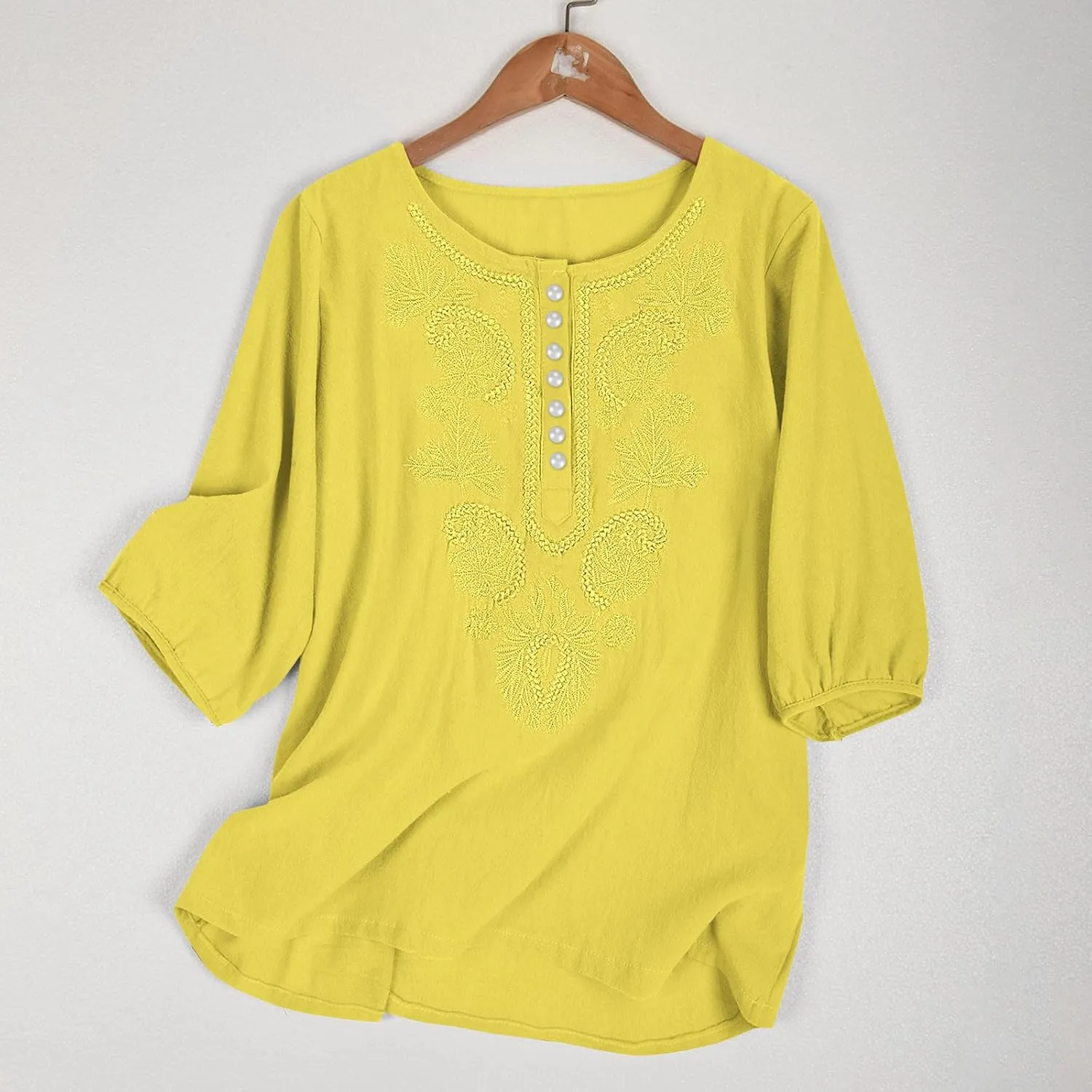 Women's Linen Tops 3/4 Sleeve T Shirts Summer Mexican Floral Embroidery Tunic Tops Casual Crewneck Blouse Oversized
