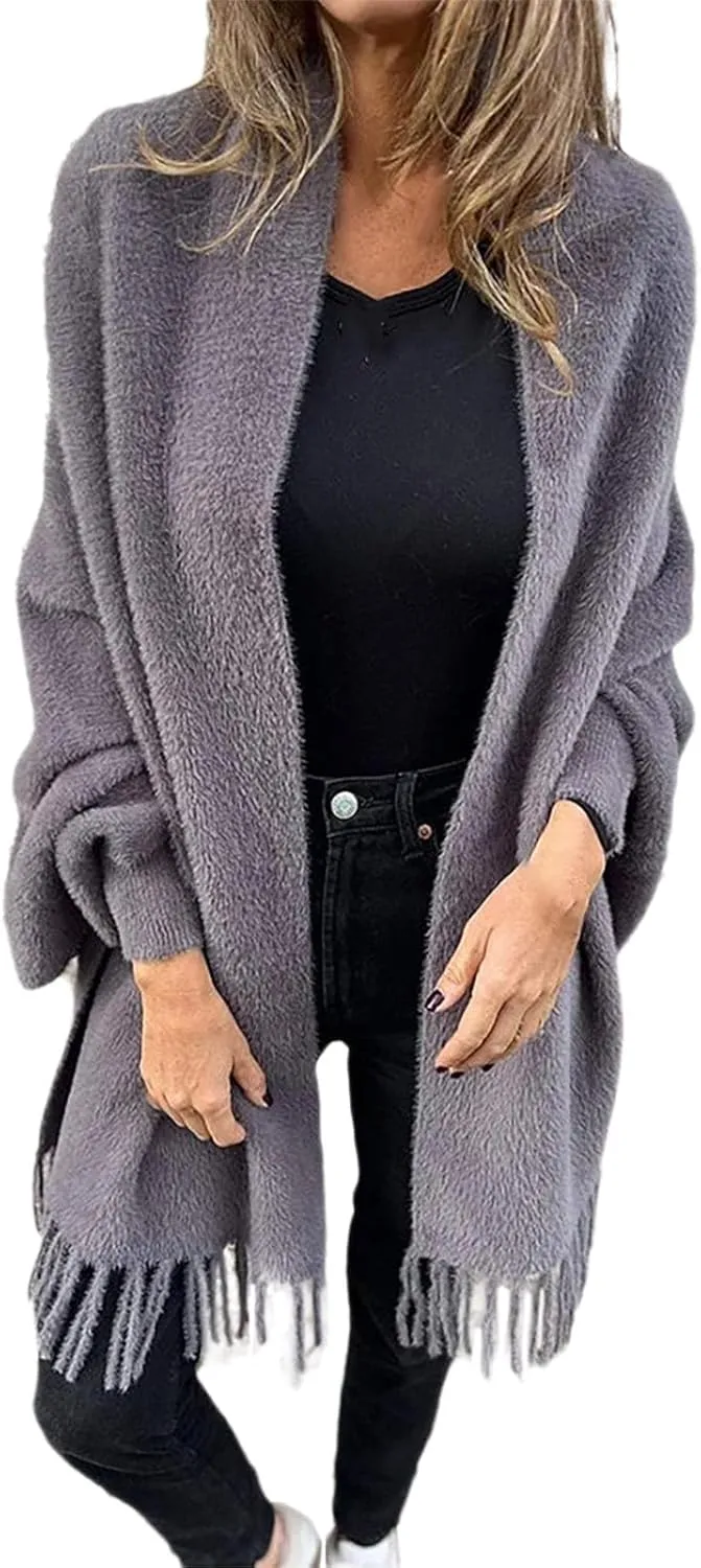 Women's Long Sleeve Scarf Winter Tassel Hem Long Cardigan Knitwer Sweater Open Front Outwear Poncho Coat with Sleeves