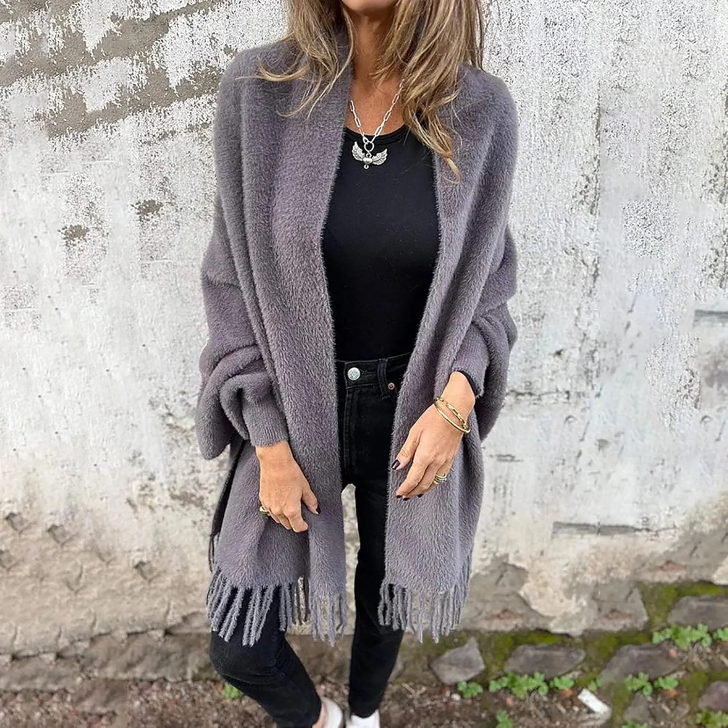 Women's Long Sleeve Scarf Winter Tassel Hem Long Cardigan Knitwer Sweater Open Front Outwear Poncho Coat with Sleeves