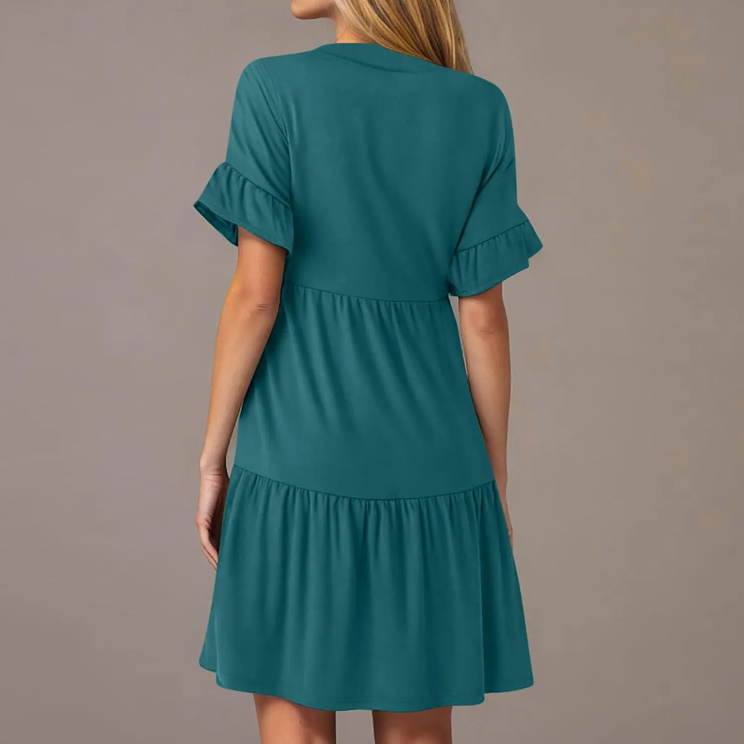 Womens Ruffle Sleeve V-Neck Dresses Casual Loose Short Sleeve Tiered Swing Dress with Pockets Summer Tunic Mini Dress