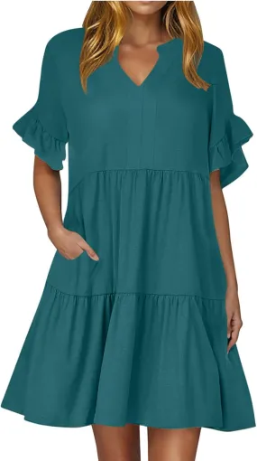 Womens Ruffle Sleeve V-Neck Dresses Casual Loose Short Sleeve Tiered Swing Dress with Pockets Summer Tunic Mini Dress