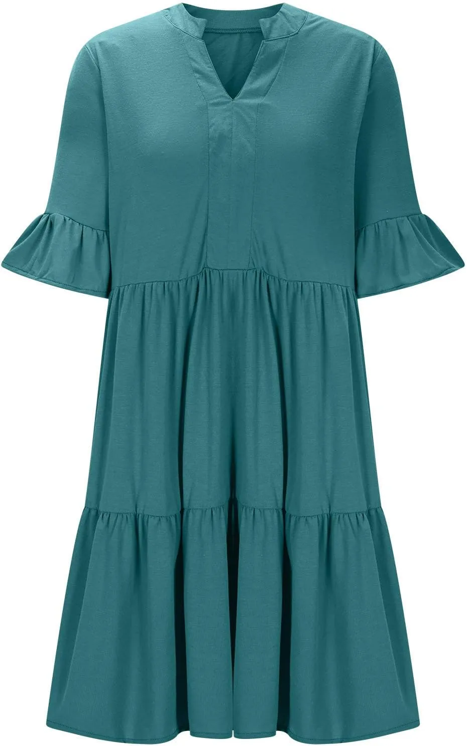 Womens Ruffle Sleeve V-Neck Dresses Casual Loose Short Sleeve Tiered Swing Dress with Pockets Summer Tunic Mini Dress