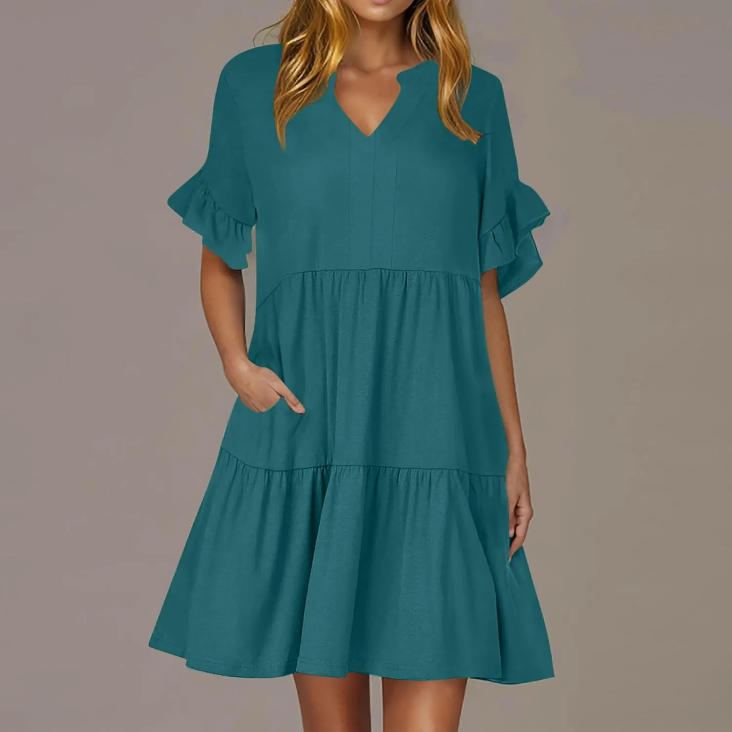 Womens Ruffle Sleeve V-Neck Dresses Casual Loose Short Sleeve Tiered Swing Dress with Pockets Summer Tunic Mini Dress