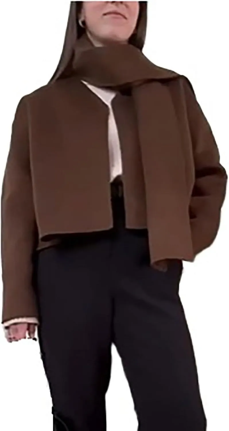 Women's Scarf Collar Short Wool Coat Fall Fashion Long Sleeve Wool Blend Casual Jacket