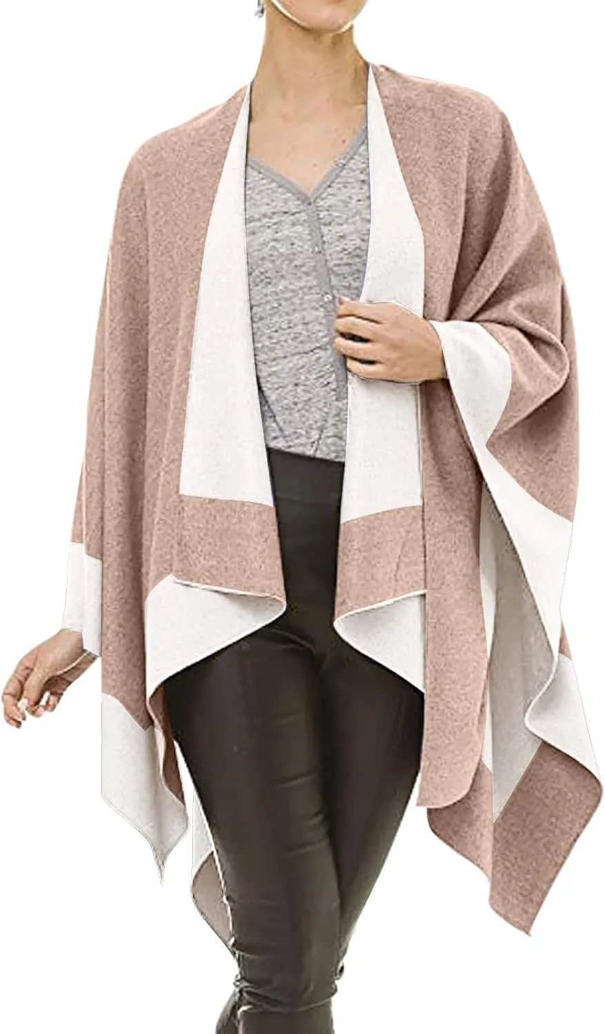 Women's Shawl Wrap Poncho Elegant Color Block Fall Cape Cardigan Sweater Winter Open Front Windproof Shawl Scarf