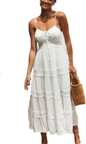 Womens Spaghetti Strap Boho Ruffle Long Flowy Dress Solid Color Loose Tiered Beach A Line Maxi Sundress