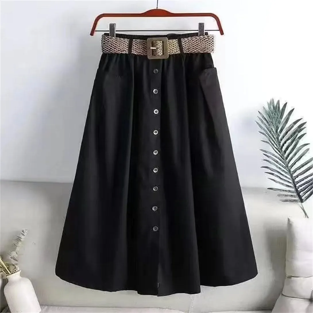 Women's Stretchy High Waist Button A-Line Skirt Fluttering Casual Summer Bohemian Holiday Beach Midi Skirt
