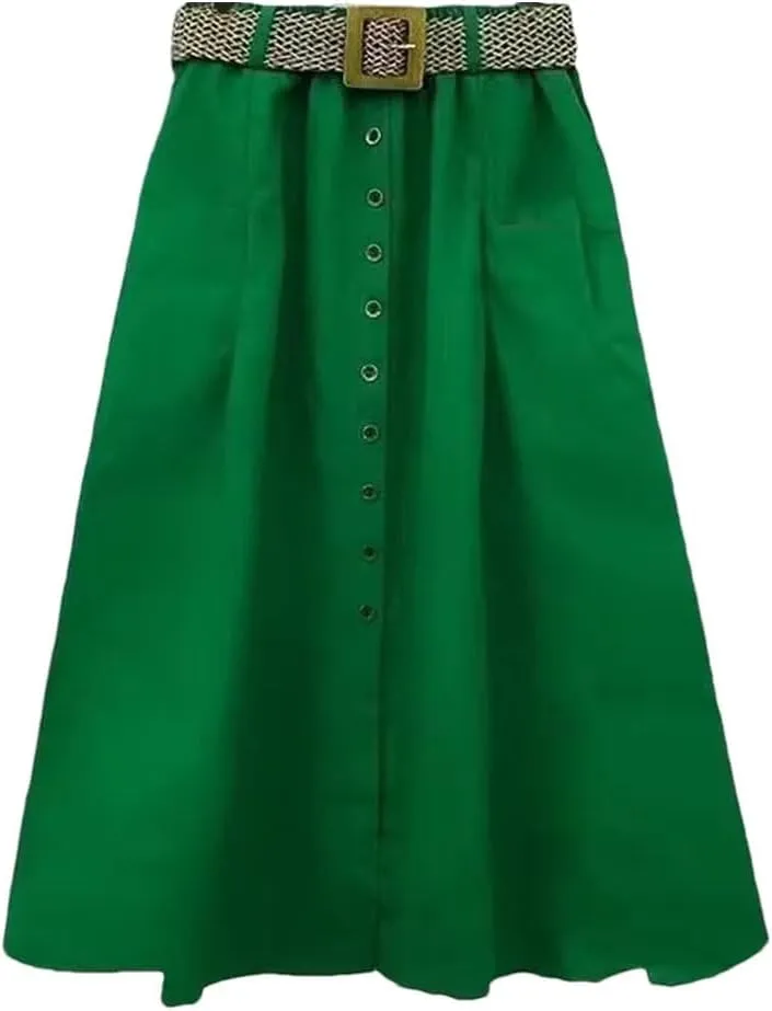 Women's Stretchy High Waist Button A-Line Skirt Fluttering Casual Summer Bohemian Holiday Beach Midi Skirt
