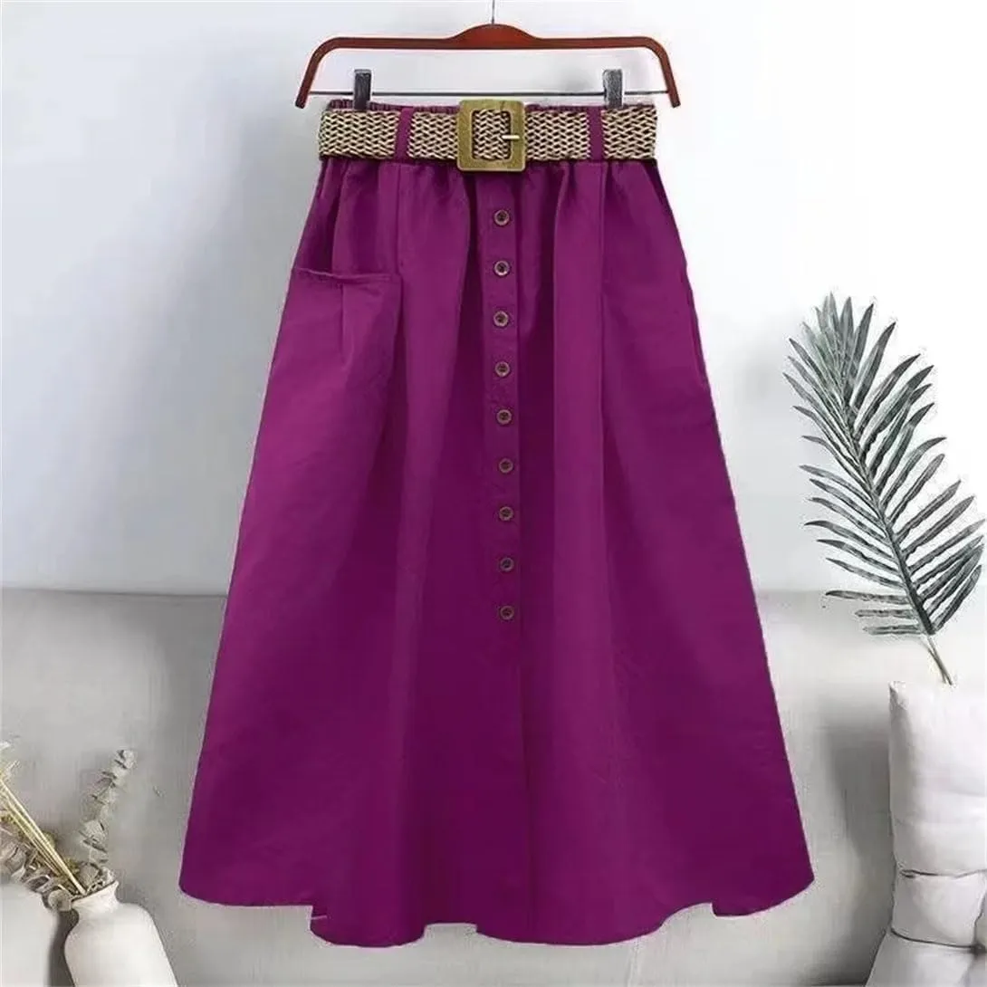 Women's Stretchy High Waist Button A-Line Skirt Fluttering Casual Summer Bohemian Holiday Beach Midi Skirt