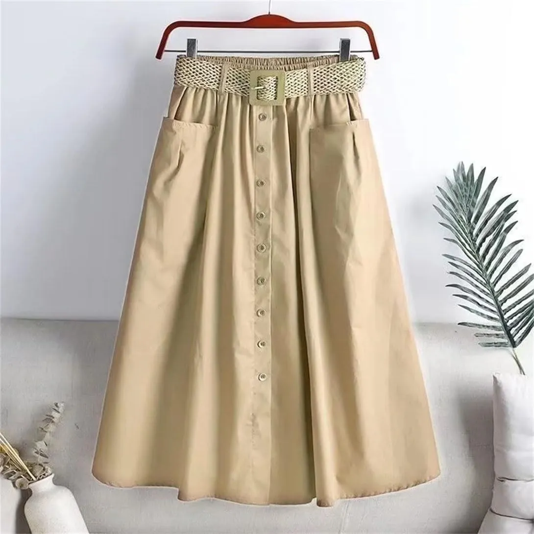Women's Stretchy High Waist Button A-Line Skirt Fluttering Casual Summer Bohemian Holiday Beach Midi Skirt