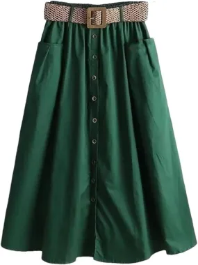 Women's Stretchy High Waist Button A-Line Skirt Fluttering Casual Summer Bohemian Holiday Beach Midi Skirt
