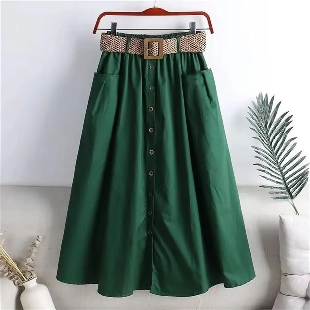 Women's Stretchy High Waist Button A-Line Skirt Fluttering Casual Summer Bohemian Holiday Beach Midi Skirt