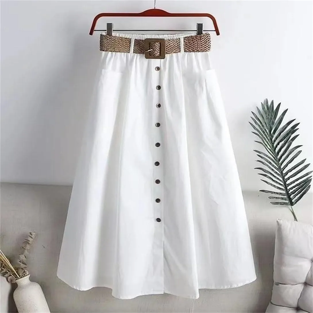 Women's Stretchy High Waist Button A-Line Skirt Fluttering Casual Summer Bohemian Holiday Beach Midi Skirt