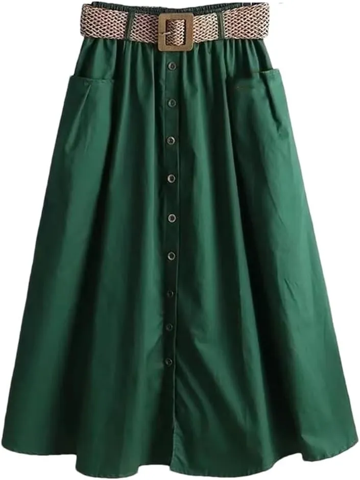 Women's Stretchy High Waist Button A-Line Skirt Fluttering Casual Summer Bohemian Holiday Beach Midi Skirt
