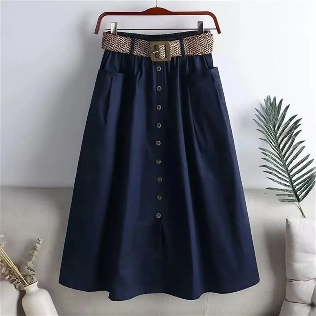 Women's Stretchy High Waist Button A-Line Skirt Fluttering Casual Summer Bohemian Holiday Beach Midi Skirt