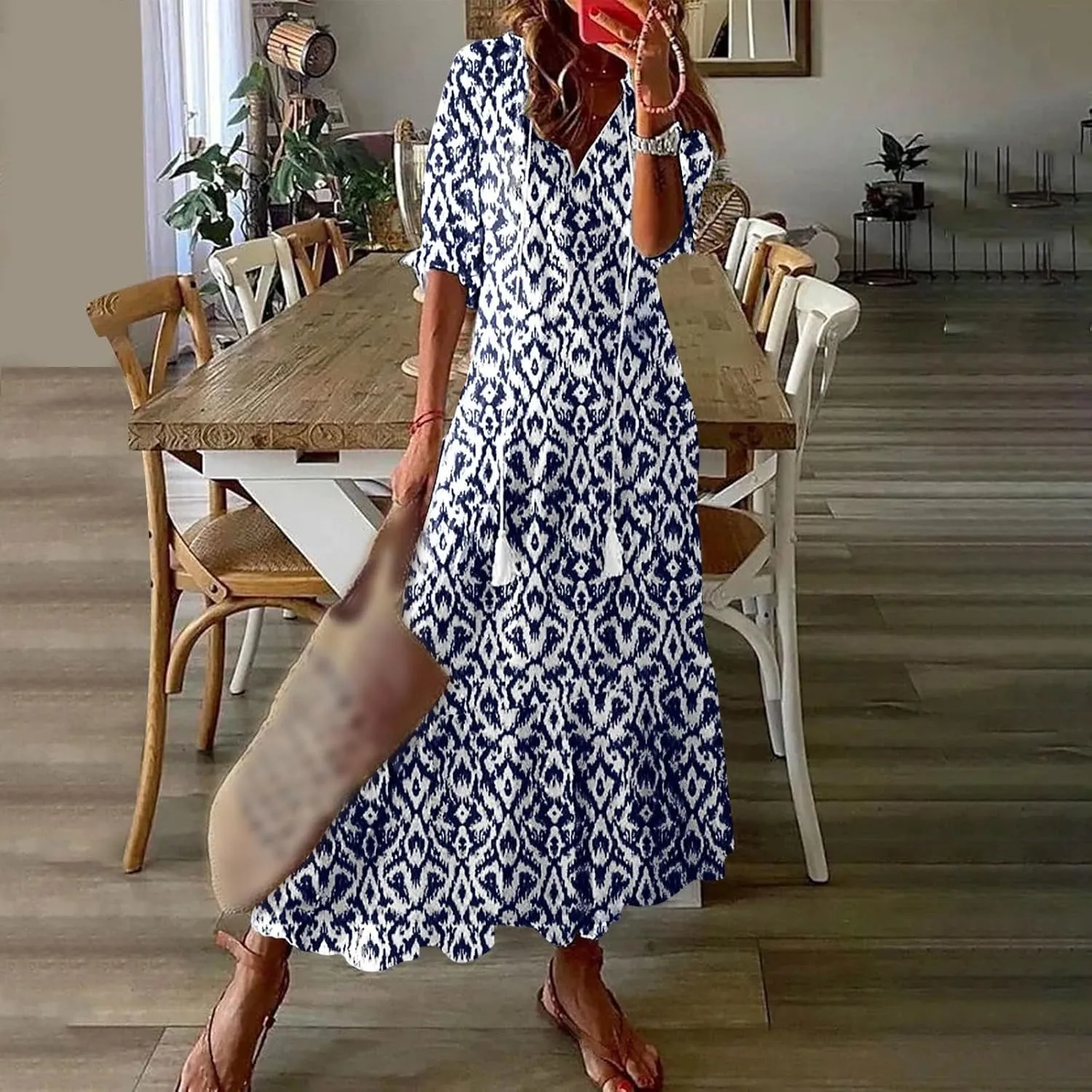 Womens Summer Dresses 2025 Floral Half Sleeve V Neck Long Maxi Dress Casual Flowy Beach Vacation Sundresses