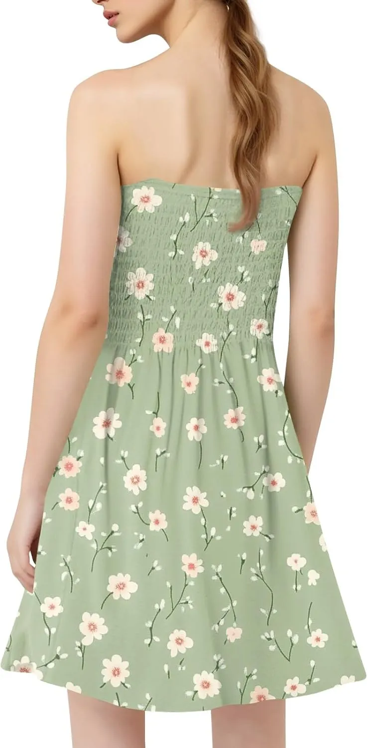 Womens Summer Dresses Strapless Boho Floral Mini Dress Casual Beach Cover Ups Tube Tops Sundress