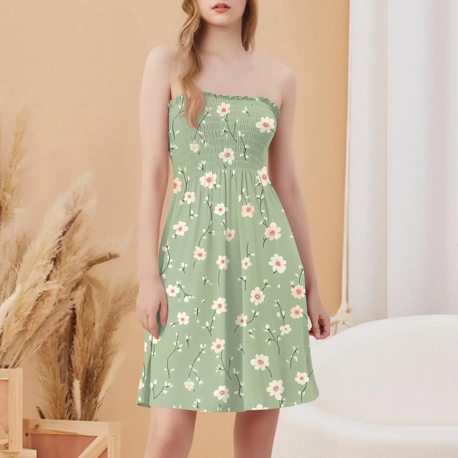 Womens Summer Dresses Strapless Boho Floral Mini Dress Casual Beach Cover Ups Tube Tops Sundress
