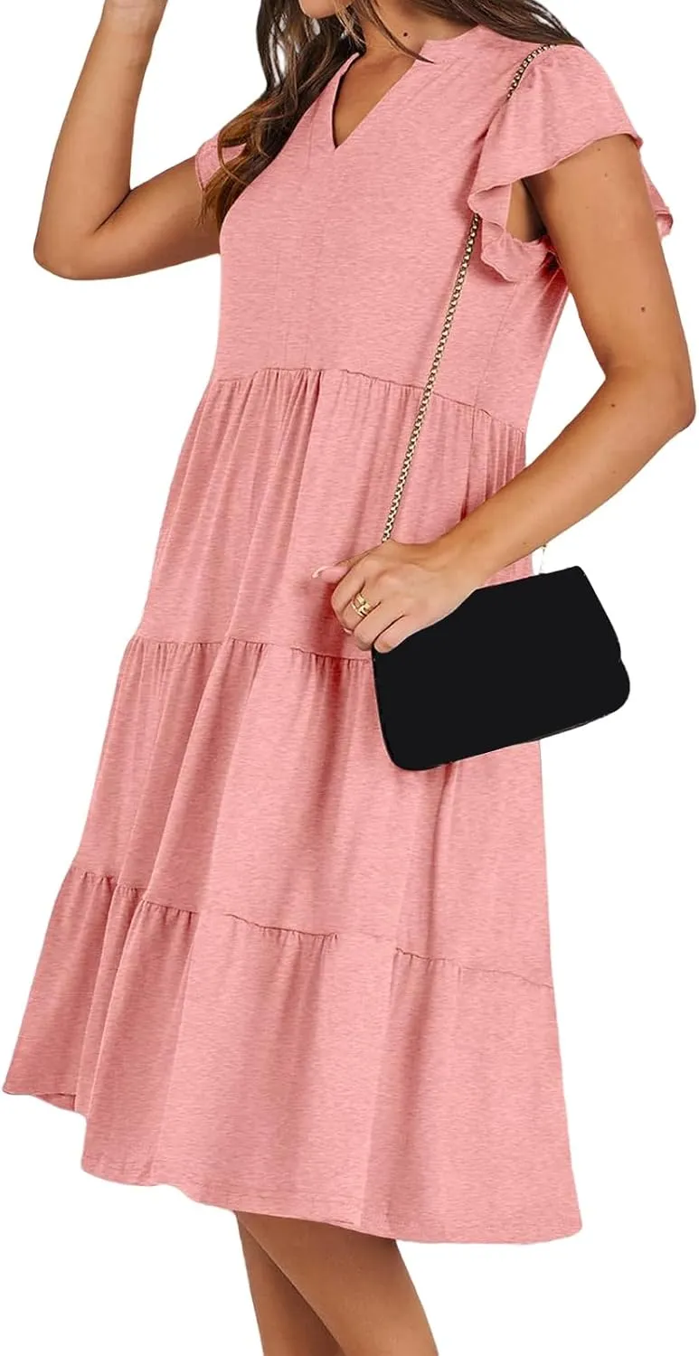 Womens Summer Short Sleeve Casual Dresses V-Neck A Line Work Formal Wedding Guest Midi Dress