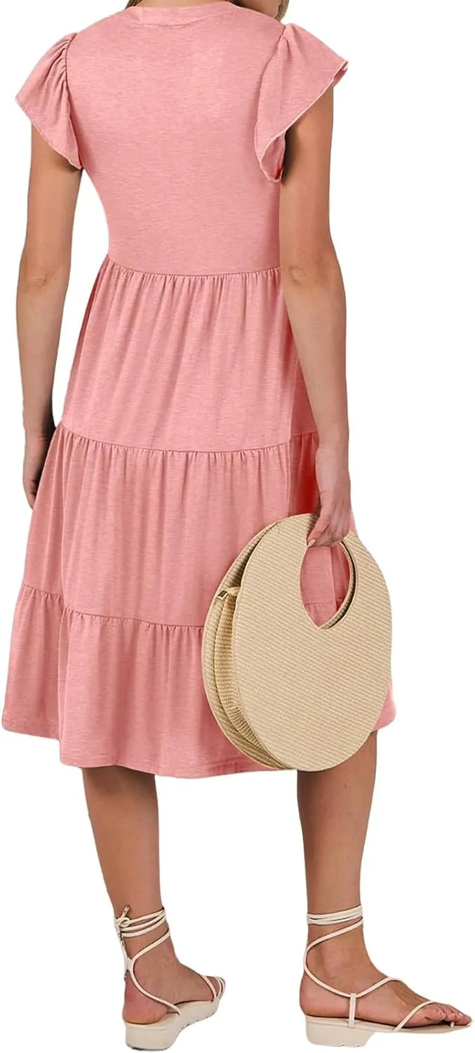 Womens Summer Short Sleeve Casual Dresses V-Neck A Line Work Formal Wedding Guest Midi Dress