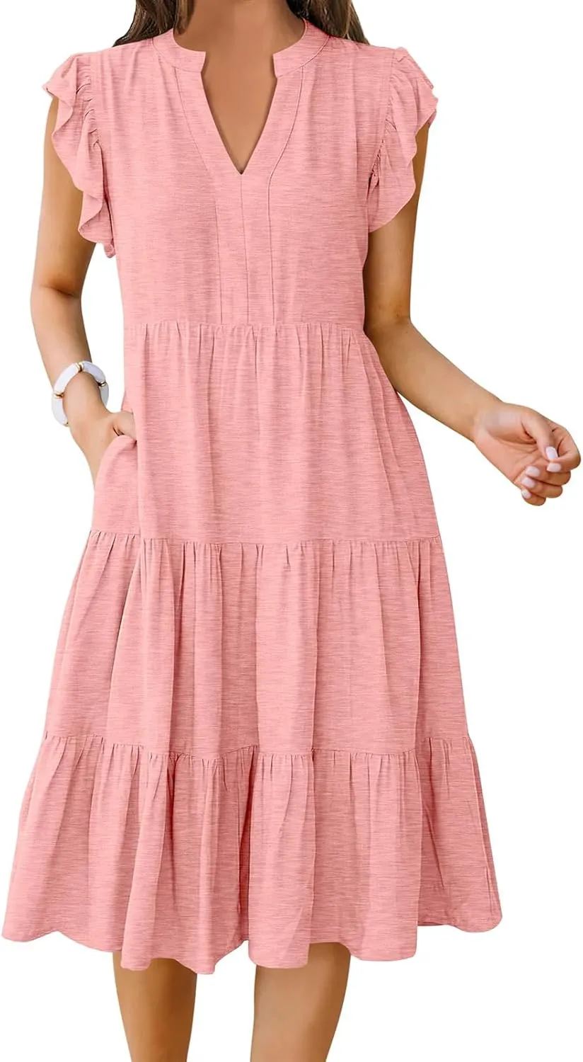 Womens Summer Short Sleeve Casual Dresses V-Neck A Line Work Formal Wedding Guest Midi Dress
