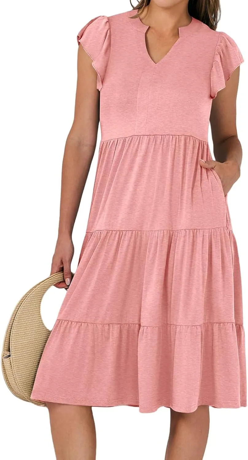 Womens Summer Short Sleeve Casual Dresses V-Neck A Line Work Formal Wedding Guest Midi Dress