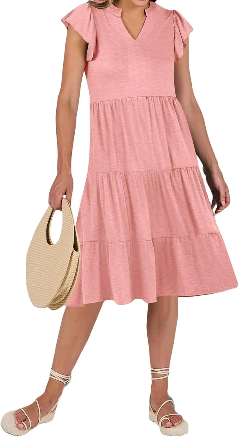 Womens Summer Short Sleeve Casual Dresses V-Neck A Line Work Formal Wedding Guest Midi Dress