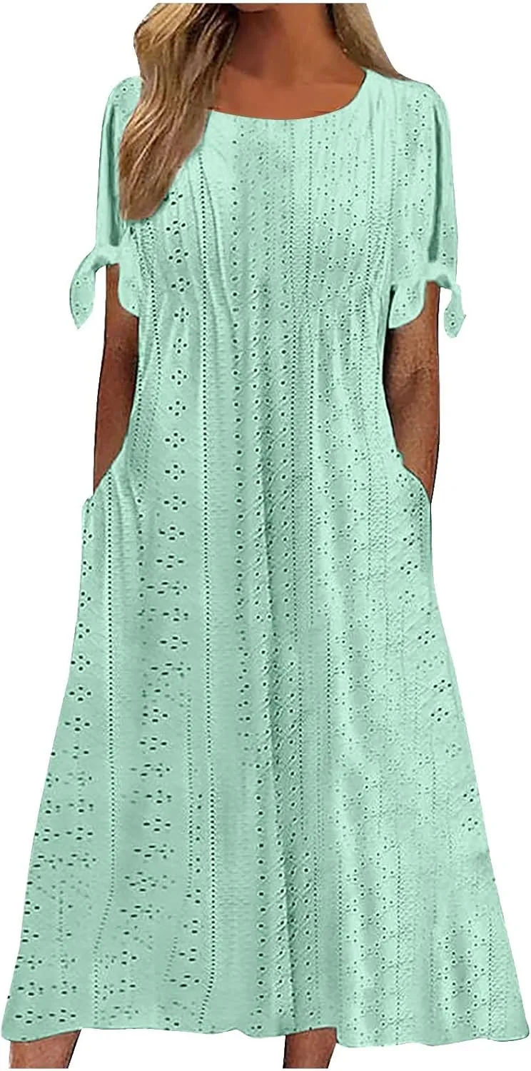 XOWRTE Maxi Long Dresses for Women 2025 Trendy Short Sleeve Eyelet Tshirt Dress Casual Summer Beach Womens