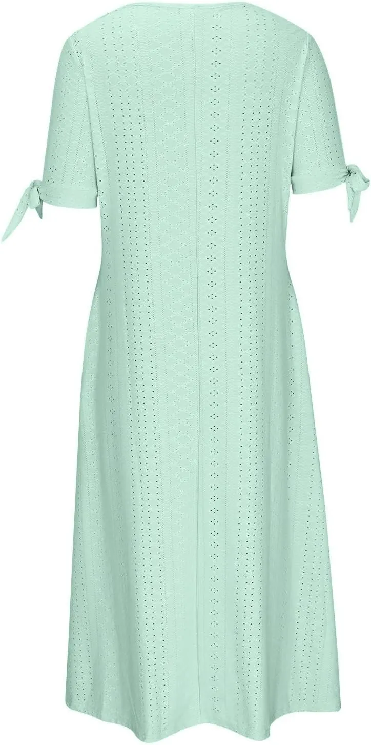 XOWRTE Maxi Long Dresses for Women 2025 Trendy Short Sleeve Eyelet Tshirt Dress Casual Summer Beach Womens