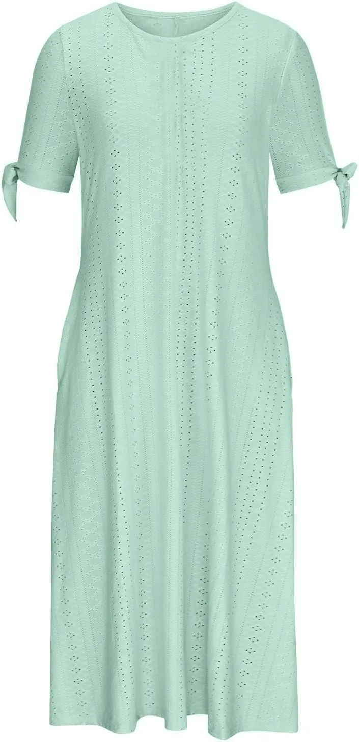 XOWRTE Maxi Long Dresses for Women 2025 Trendy Short Sleeve Eyelet Tshirt Dress Casual Summer Beach Womens