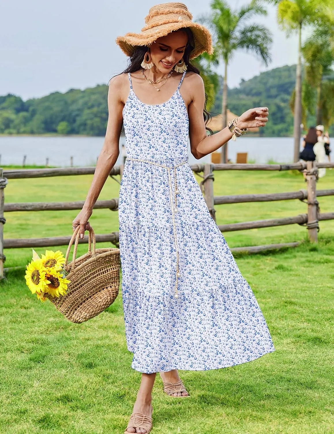 Zeagoo Womens Long Dress Adjustable Strap Floral Casual Dress