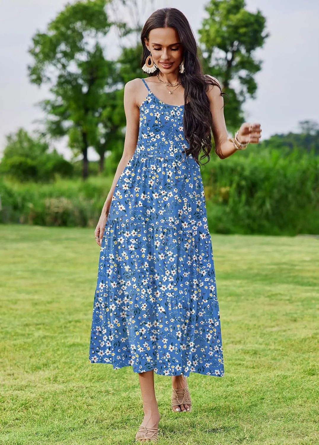 Zeagoo Womens Long Dress Adjustable Strap Floral Casual Dress