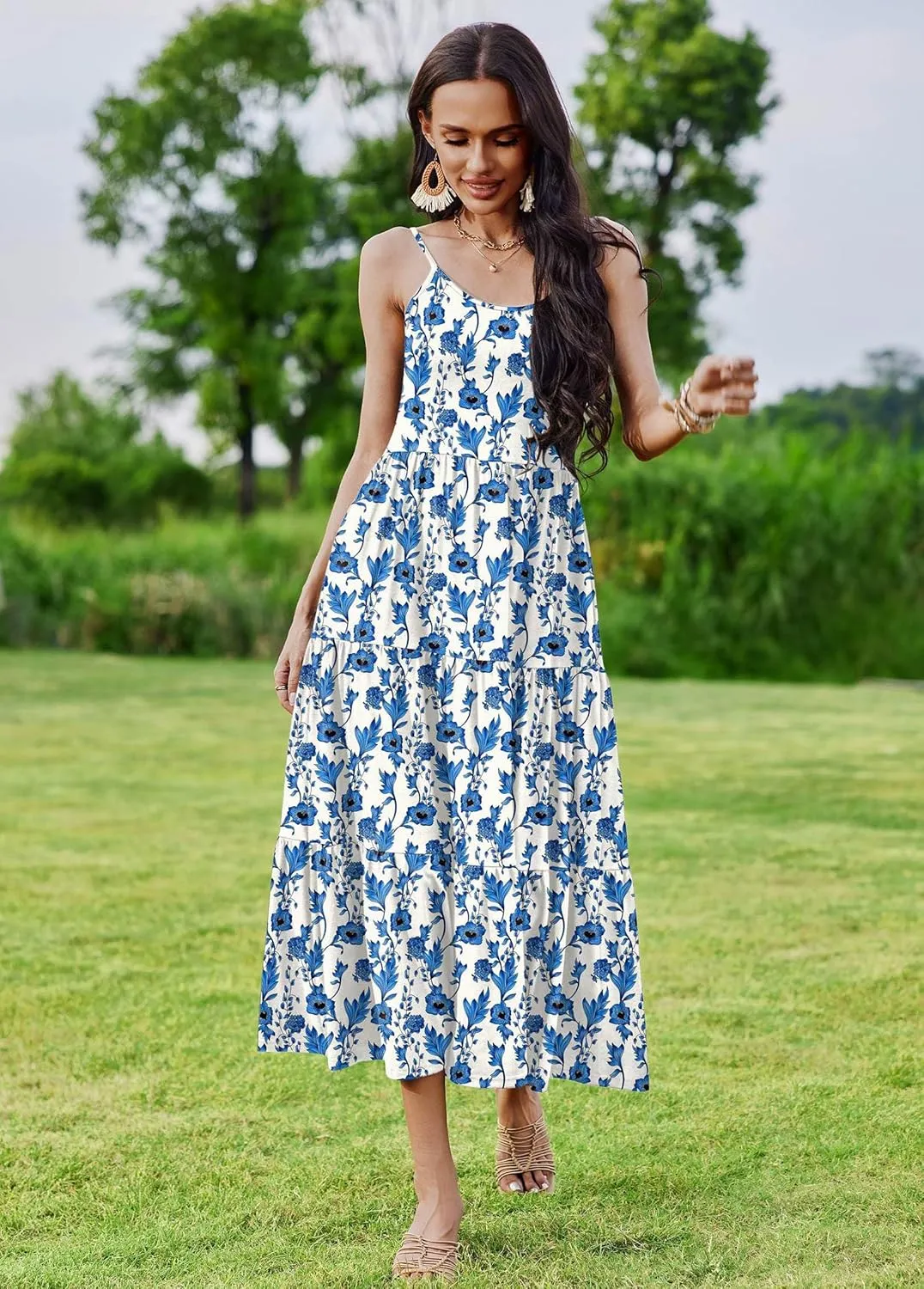 Zeagoo Womens Long Dress Adjustable Strap Floral Casual Dress