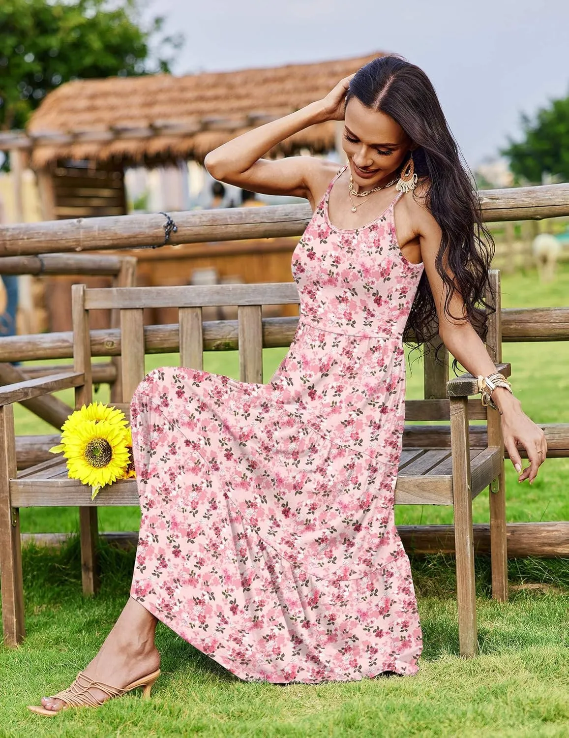Zeagoo Womens Long Dress Adjustable Strap Floral Casual Dress