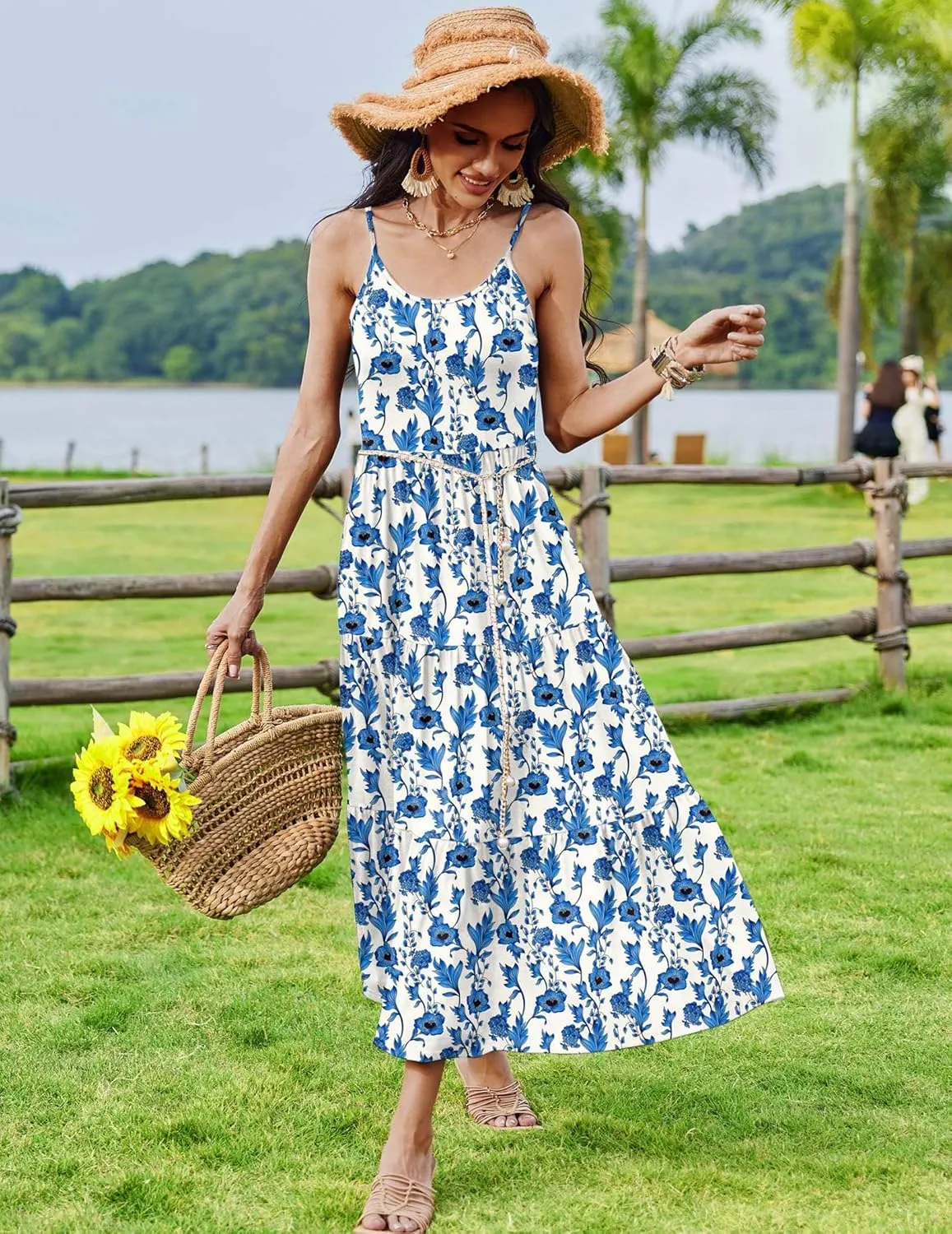 Zeagoo Womens Long Dress Adjustable Strap Floral Casual Dress