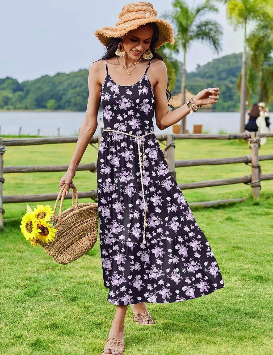 Zeagoo Womens Long Dress Adjustable Strap Floral Casual Dress