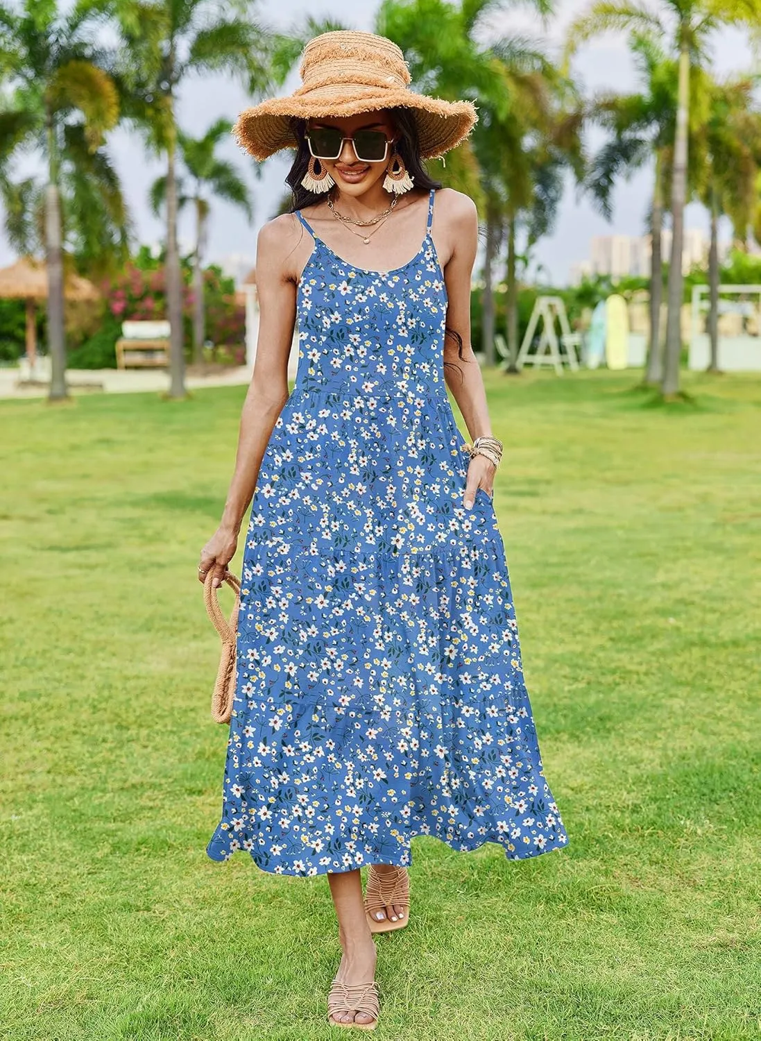 Zeagoo Womens Long Dress Adjustable Strap Floral Casual Dress