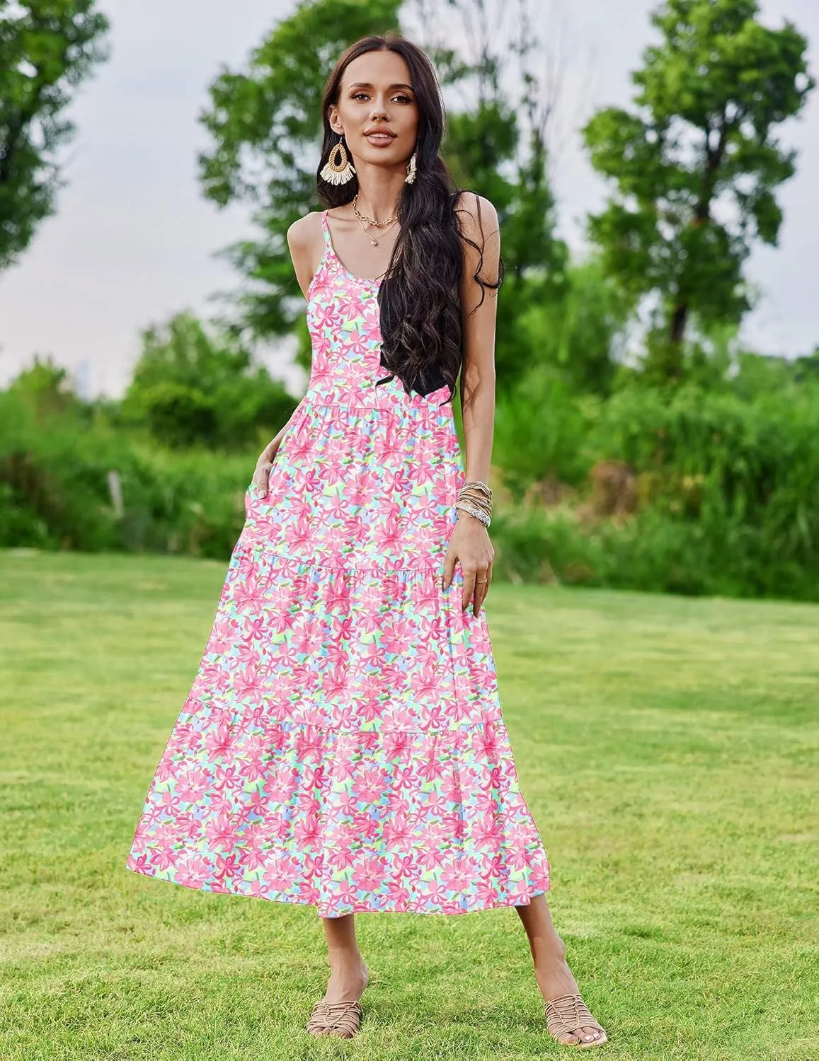 Zeagoo Womens Long Dress Adjustable Strap Floral Casual Dress