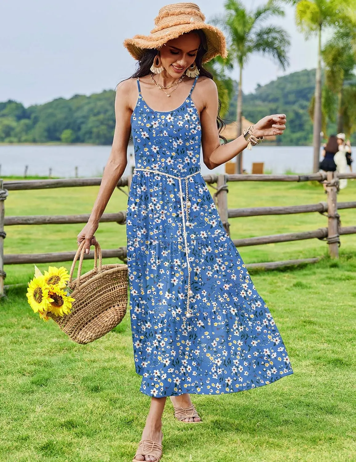 Zeagoo Womens Long Dress Adjustable Strap Floral Casual Dress