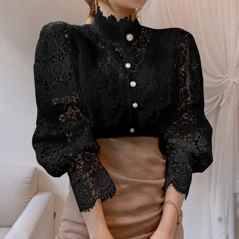 ZOCAVIA Women's Vintage Victorian Blouses Elegant Lace Crochet Tops Dressy Casual Mock Neck Puff Long Sleeve Button Up Shirts