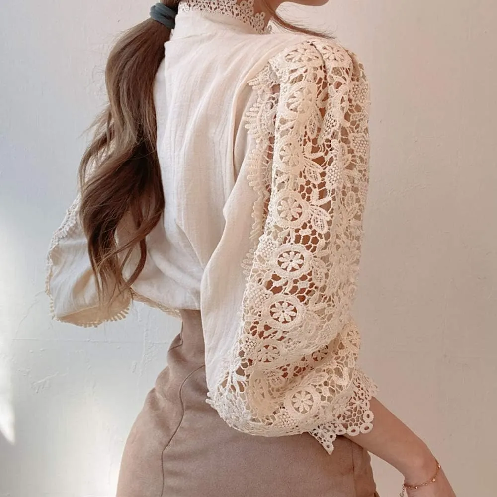 ZOCAVIA Women's Vintage Victorian Blouses Elegant Lace Crochet Tops Dressy Casual Mock Neck Puff Long Sleeve Button Up Shirts